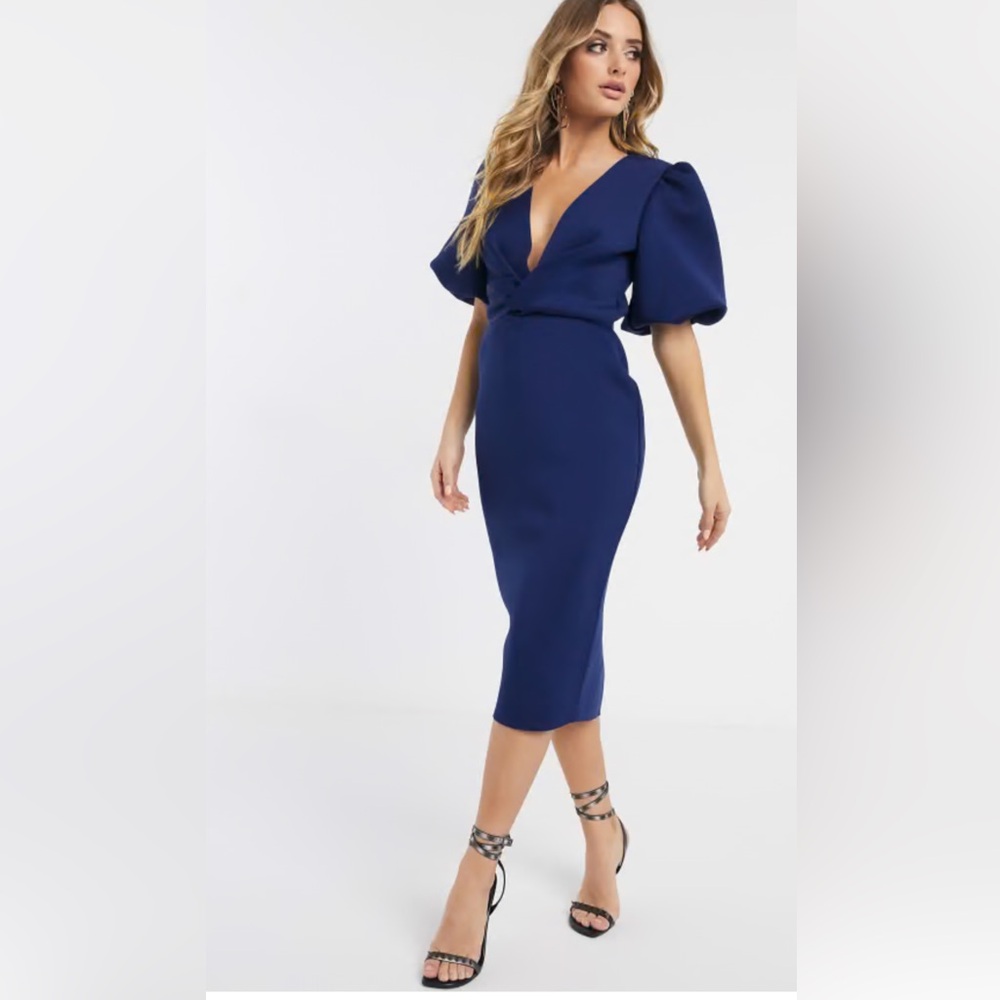ASOS Deep Blue Midi Pencil Dress with Puff Sleeves, Size US 8
